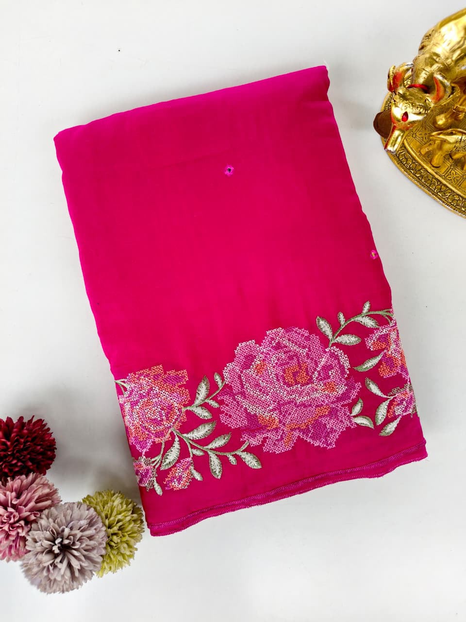 Skinny Dark Pink Embroidery Work Pure Dola Silk Saree With Classy Blouse Piece