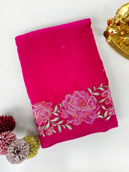 Skinny Dark Pink Embroidery Work Pure Dola Silk Saree With Classy Blouse Piece