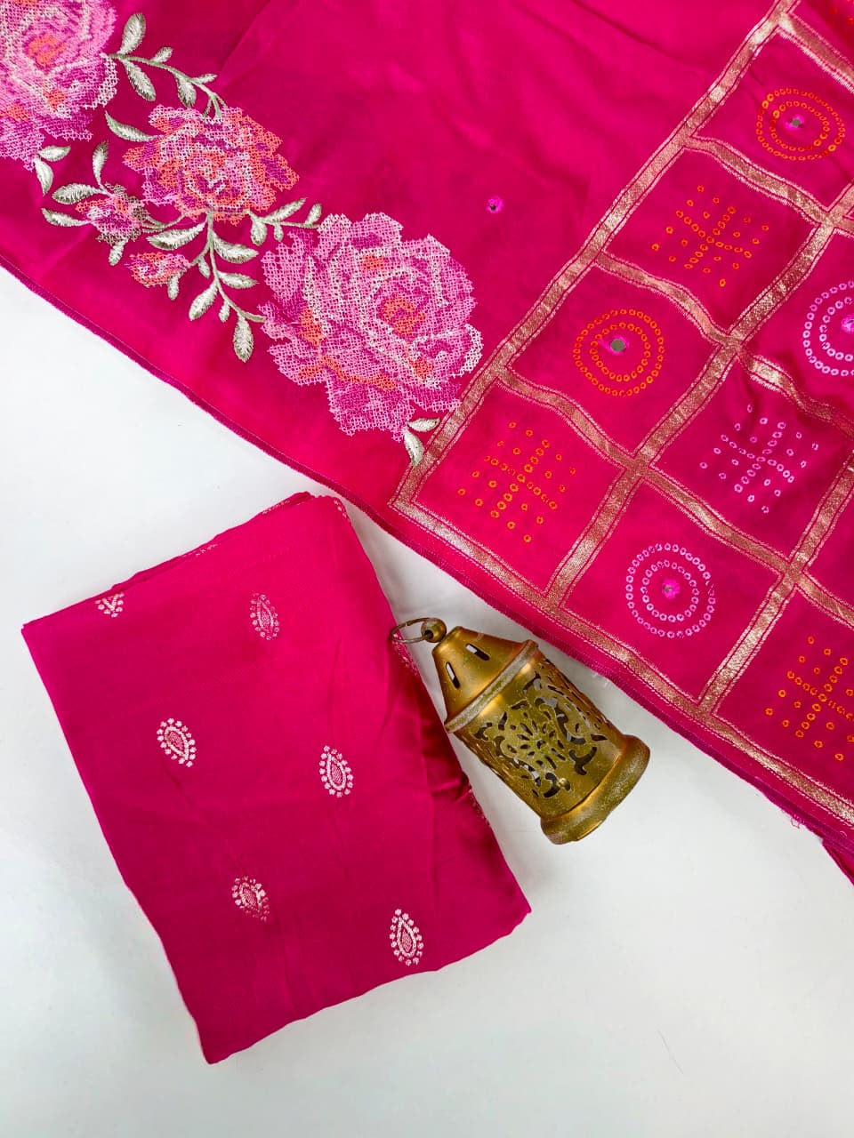 Skinny Dark Pink Embroidery Work Pure Dola Silk Saree With Classy Blouse Piece