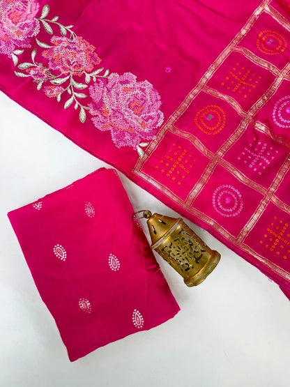 Skinny Dark Pink Embroidery Work Pure Dola Silk Saree With Classy Blouse Piece