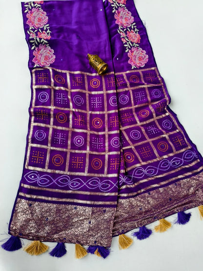 Pleasurable Purple Embroidery Work Pure Dola Silk Saree With Enchanting Blouse Piece