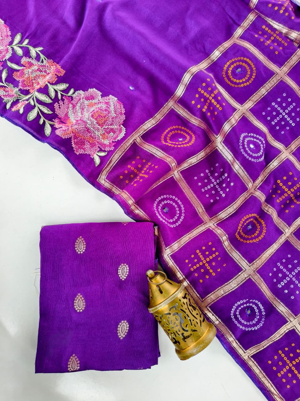 Pleasurable Purple Embroidery Work Pure Dola Silk Saree With Enchanting Blouse Piece