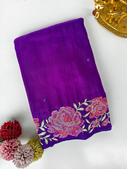 Pleasurable Purple Embroidery Work Pure Dola Silk Saree With Enchanting Blouse Piece