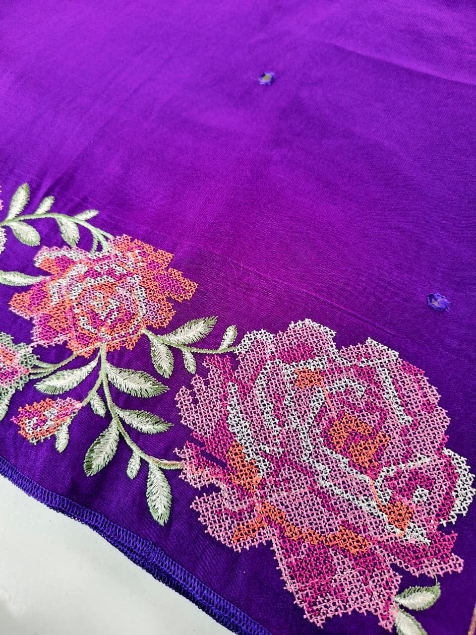 Pleasurable Purple Embroidery Work Pure Dola Silk Saree With Enchanting Blouse Piece