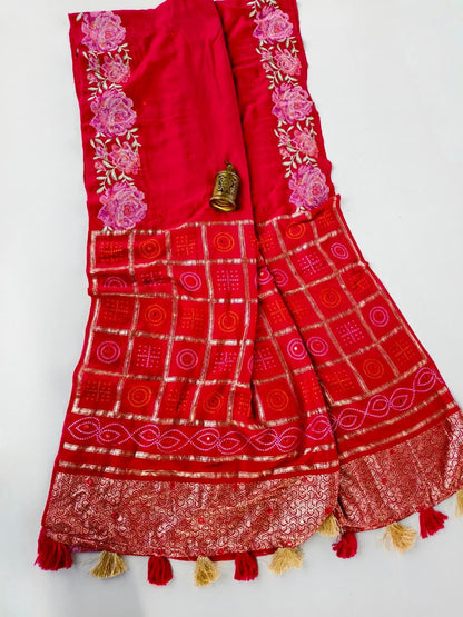 Desuetude Red Embroidery Work Pure Dola Silk Saree With Angelic Blouse Piece
