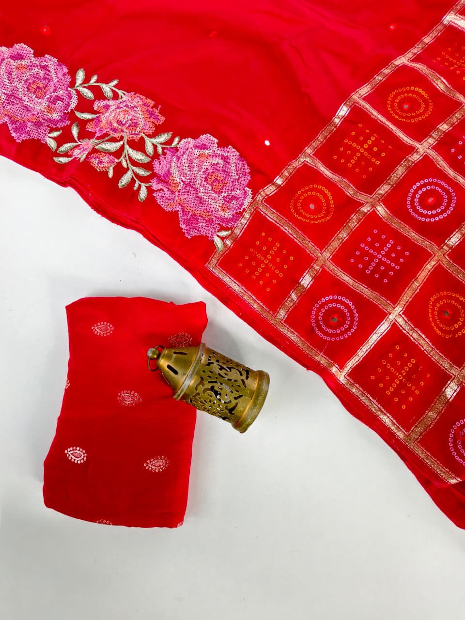 Desuetude Red Embroidery Work Pure Dola Silk Saree With Angelic Blouse Piece