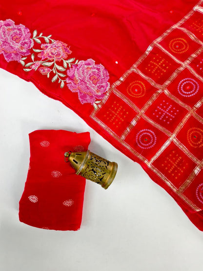 Desuetude Red Embroidery Work Pure Dola Silk Saree With Angelic Blouse Piece