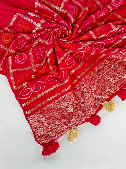 Desuetude Red Embroidery Work Pure Dola Silk Saree With Angelic Blouse Piece