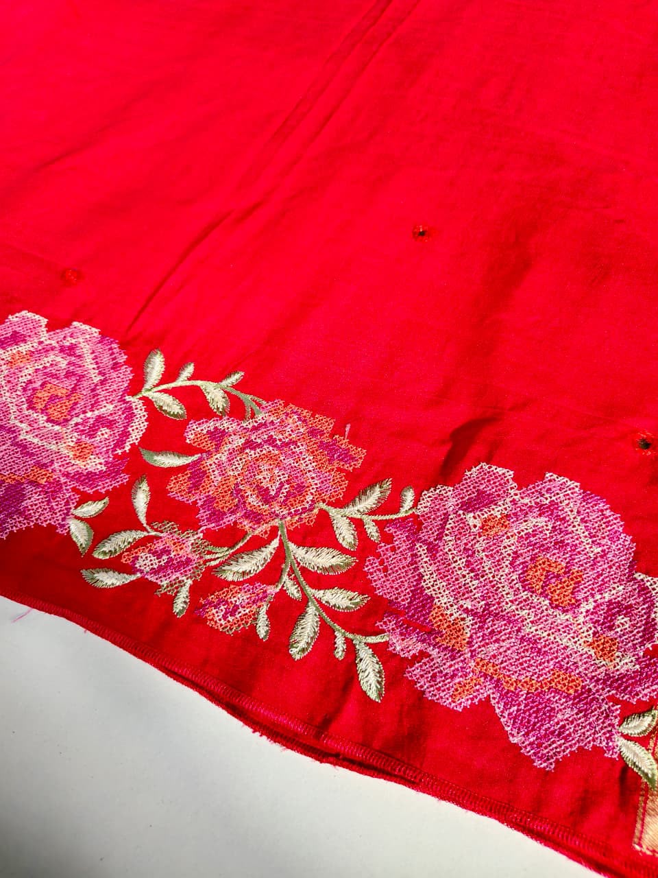 Desuetude Red Embroidery Work Pure Dola Silk Saree With Angelic Blouse Piece