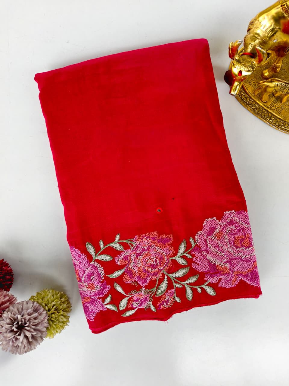 Desuetude Red Embroidery Work Pure Dola Silk Saree With Angelic Blouse Piece