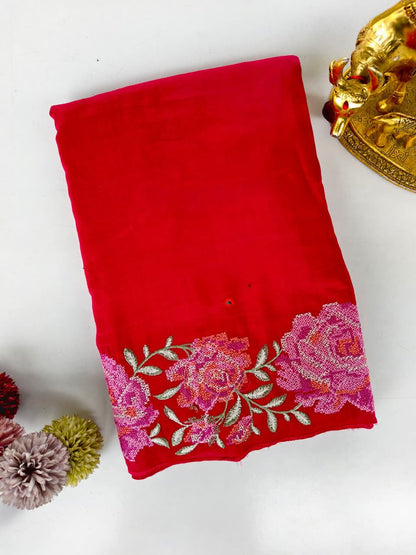 Desuetude Red Embroidery Work Pure Dola Silk Saree With Angelic Blouse Piece