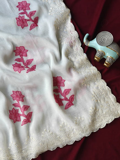 Demure Off White Embroidery Work Crush Silk Saree With Pleasant Blouse Piece