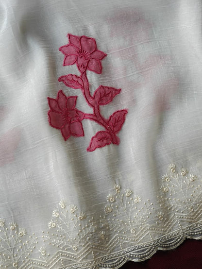 Demure Off White Embroidery Work Crush Silk Saree With Pleasant Blouse Piece