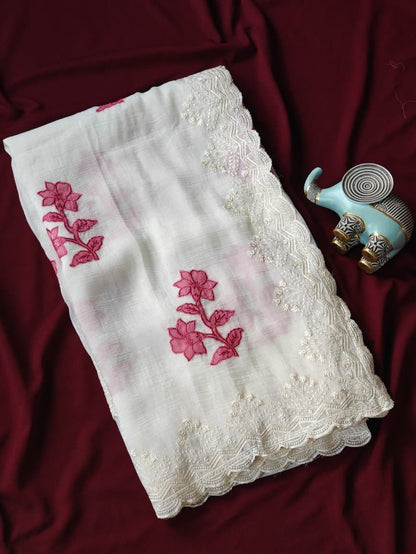 Demure Off White Embroidery Work Crush Silk Saree With Pleasant Blouse Piece