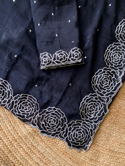 Rhapsodic Black Embroidery Work Georgette Saree With Ephemeral Blouse Piece