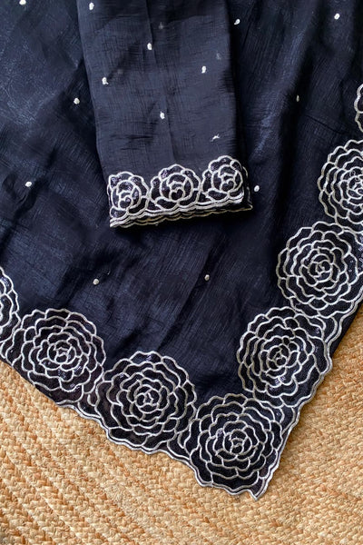 Rhapsodic Black Embroidery Work Georgette Saree With Ephemeral Blouse Piece