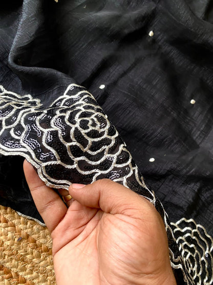 Rhapsodic Black Embroidery Work Georgette Saree With Ephemeral Blouse Piece