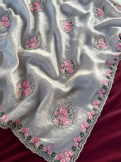 Sempiternal Grey Embroidery Work Crush Silk Saree With Refreshing Blouse Piece