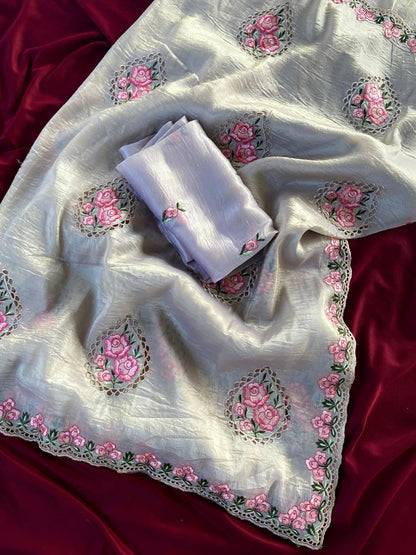 Sempiternal Grey Embroidery Work Crush Silk Saree With Refreshing Blouse Piece