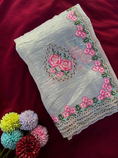 Sempiternal Grey Embroidery Work Crush Silk Saree With Refreshing Blouse Piece