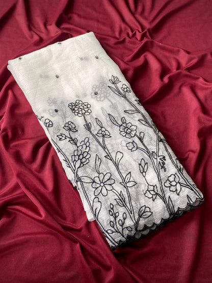 Magnificat Off White Embroidery Work Crush Silk Saree With Gossamer Blouse Piece