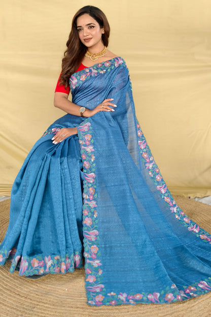 Posh Firozi Embroidery Work Tussar Silk Saree With Pretty Blouse Piece