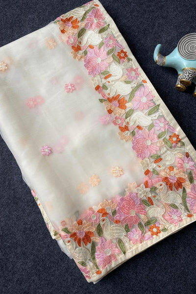 Surpassing Off White Embroidery Work Chiffon Silk Saree With Staring Blouse Piece