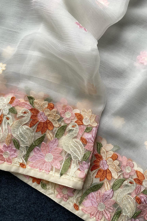 Load image into Gallery viewer, Surpassing Off White Embroidery Work Chiffon Silk Saree With Staring Blouse Piece
