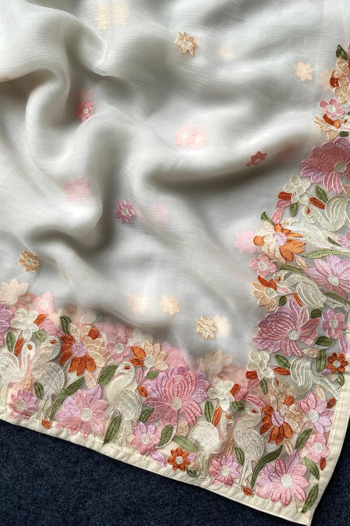 Load image into Gallery viewer, Surpassing Off White Embroidery Work Chiffon Silk Saree With Staring Blouse Piece
