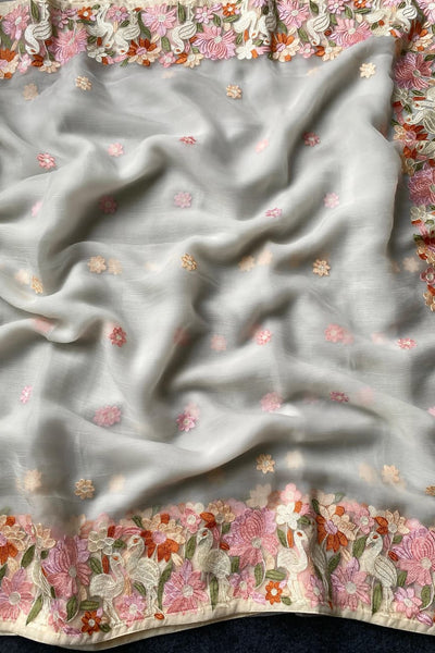 Surpassing Off White Embroidery Work Chiffon Silk Saree With Staring Blouse Piece