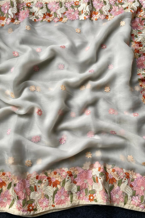 Load image into Gallery viewer, Surpassing Off White Embroidery Work Chiffon Silk Saree With Staring Blouse Piece
