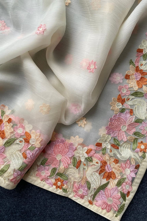 Load image into Gallery viewer, Surpassing Off White Embroidery Work Chiffon Silk Saree With Staring Blouse Piece
