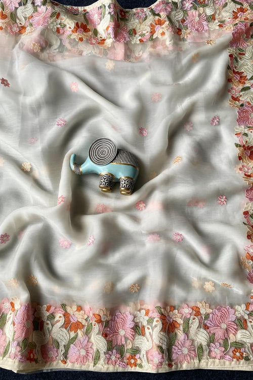 Load image into Gallery viewer, Surpassing Off White Embroidery Work Chiffon Silk Saree With Staring Blouse Piece
