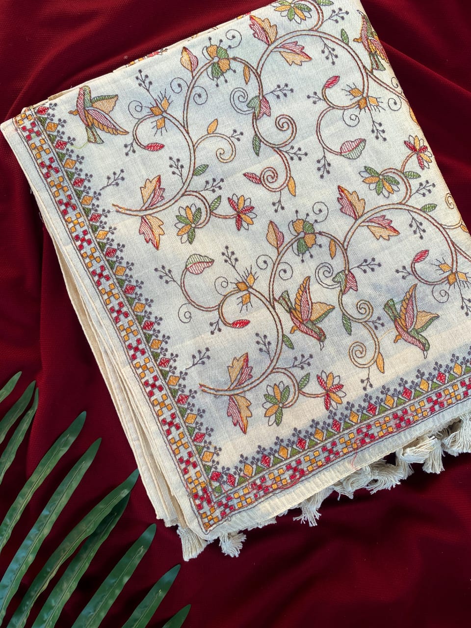 Extraordinary Off White Embroidery Work Tussar Silk Saree With Supernal Blouse Piece