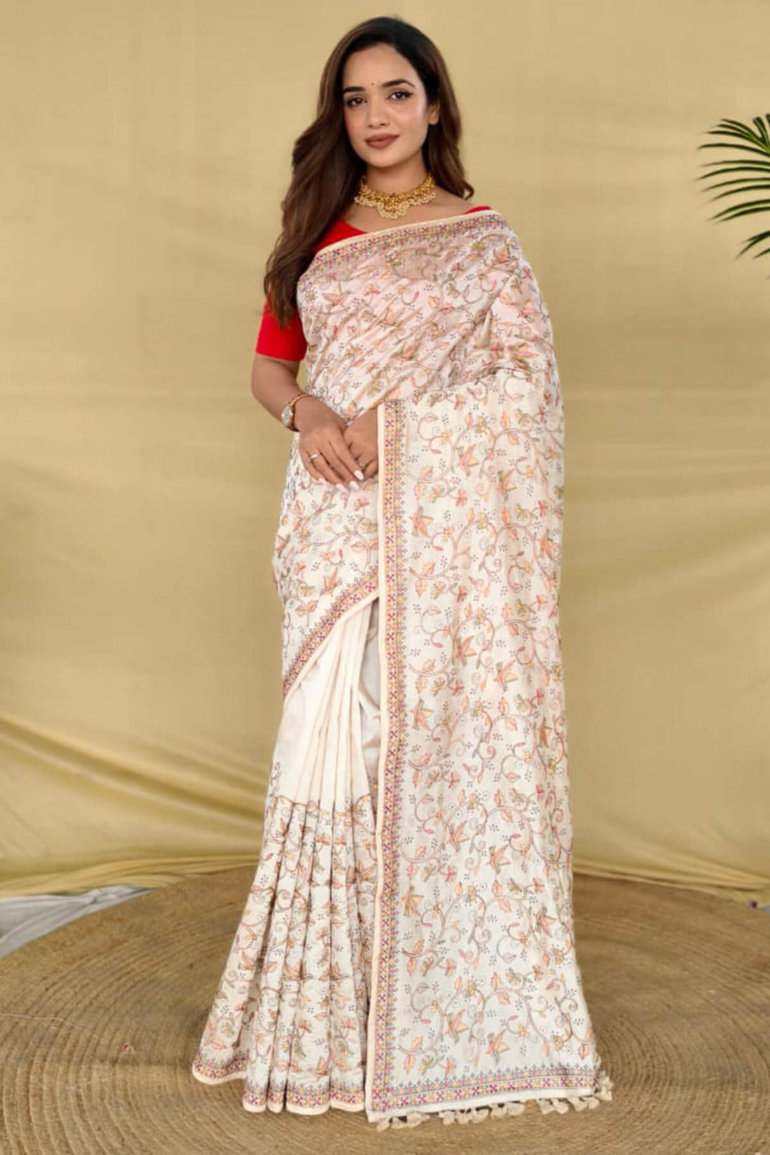 Extraordinary Off White Embroidery Work Tussar Silk Saree With Supernal Blouse Piece