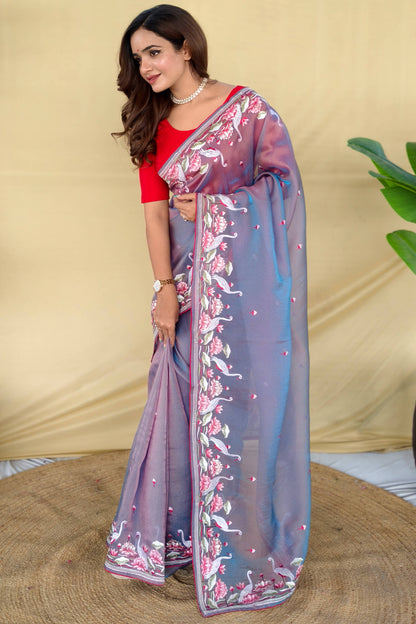 Elaborate Blue Embroidery Work Fandy Silk Saree With Denouement Blouse Piece