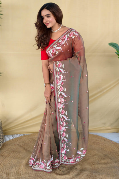 Stunning Grey Embroidery Work Fandy Silk Saree With Palimpsest Blouse Piece