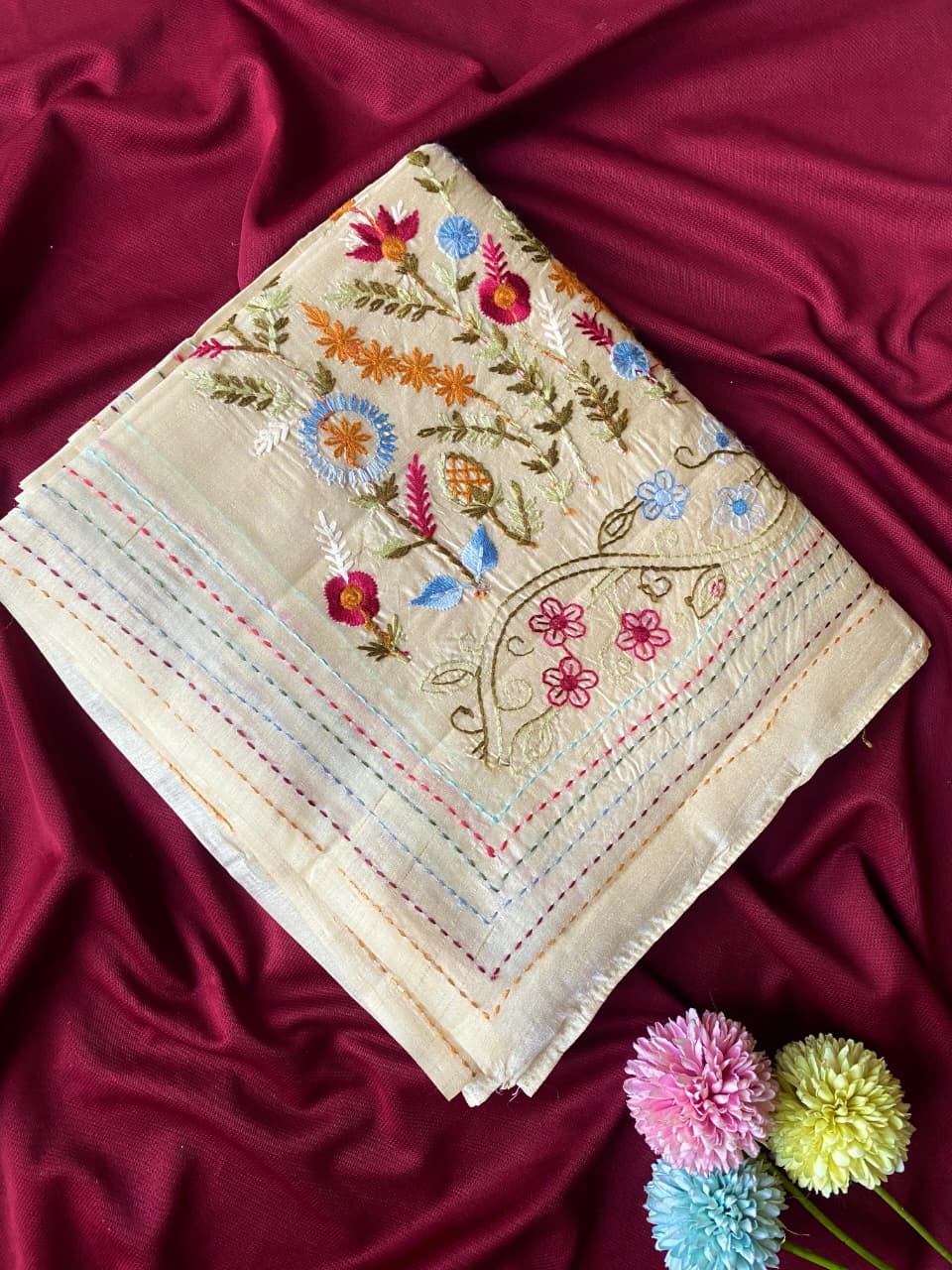 Eclat Beige Embroidery Work Tussar Silk Saree With Capricious Blouse Piece