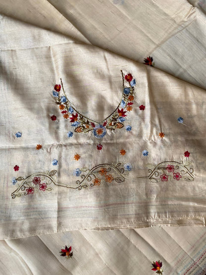 Eclat Beige Embroidery Work Tussar Silk Saree With Capricious Blouse Piece