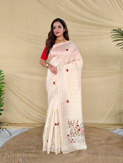 Eclat Beige Embroidery Work Tussar Silk Saree With Capricious Blouse Piece