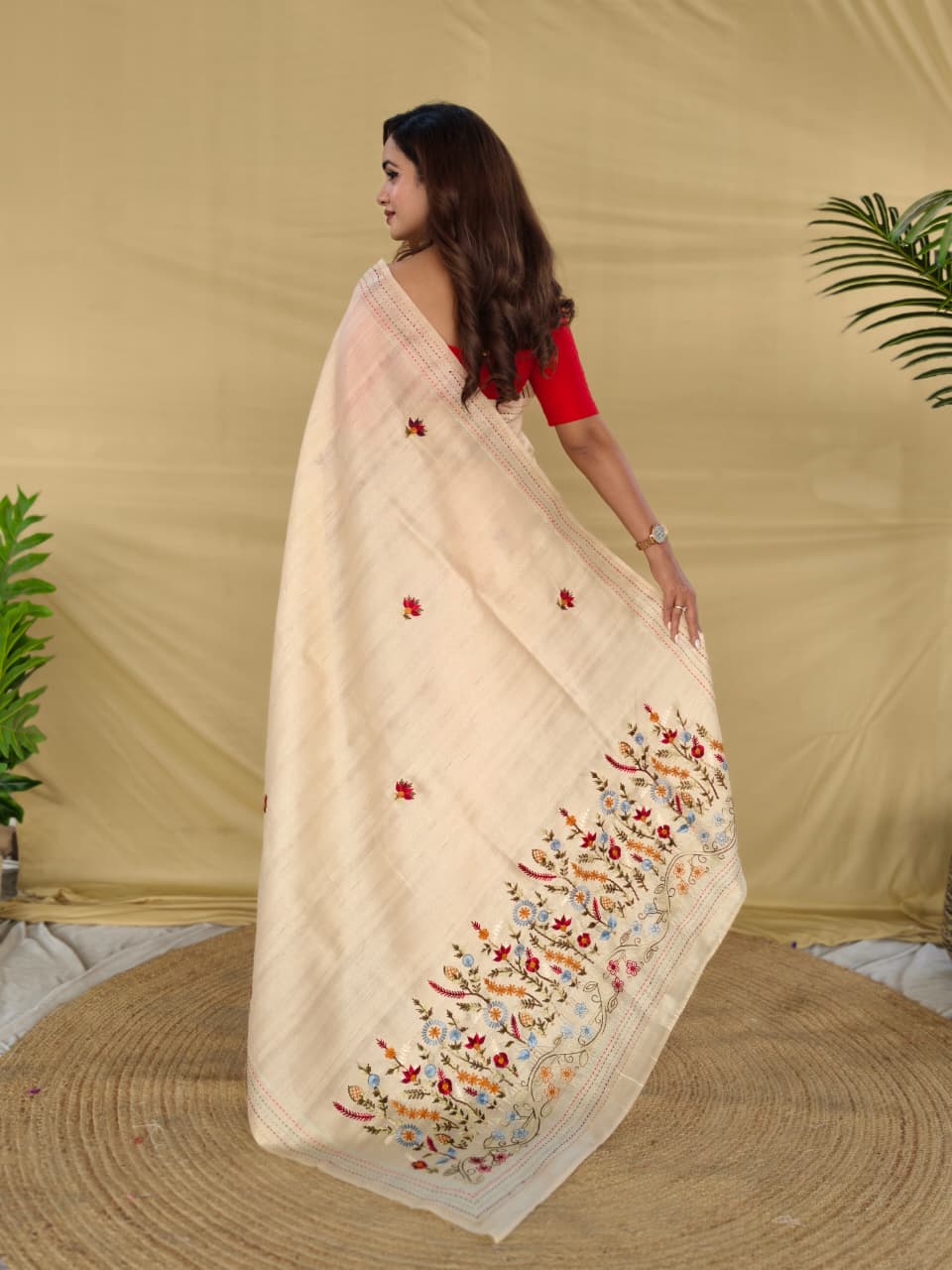 Eclat Beige Embroidery Work Tussar Silk Saree With Capricious Blouse Piece