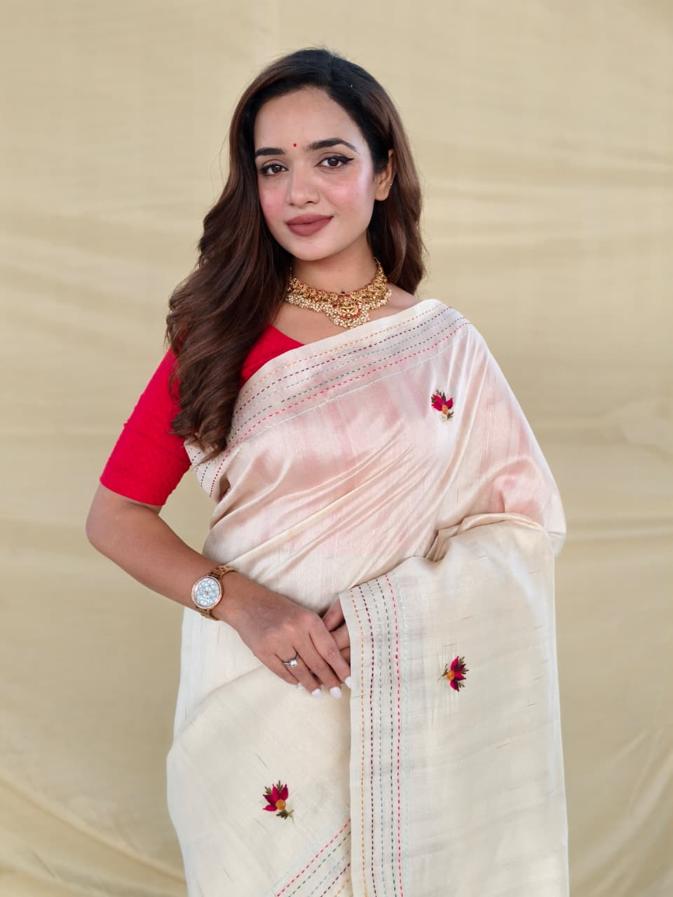 Eclat Beige Embroidery Work Tussar Silk Saree With Capricious Blouse Piece