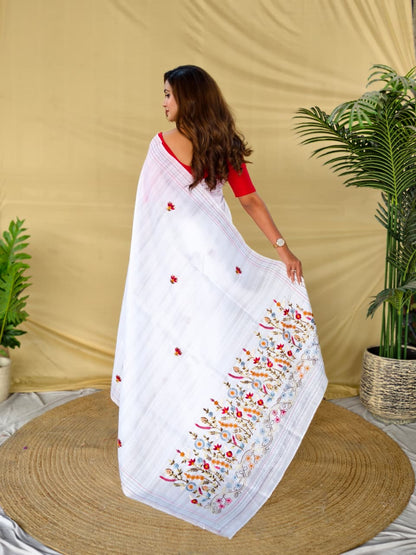 Verdant White Embroidery Work Tussar Silk Saree With Stunner Blouse Piece