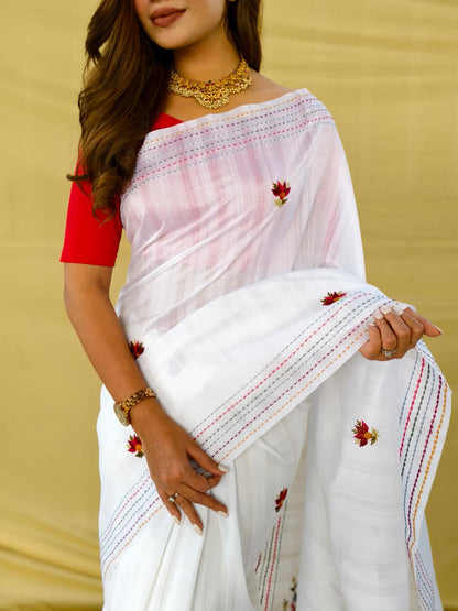 Verdant White Embroidery Work Tussar Silk Saree With Stunner Blouse Piece