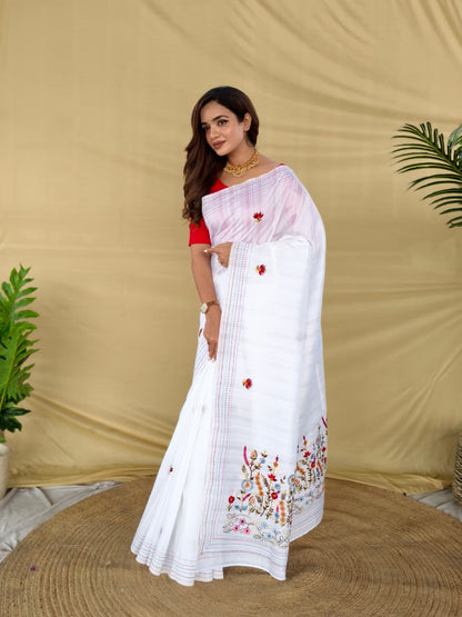 Verdant White Embroidery Work Tussar Silk Saree With Stunner Blouse Piece
