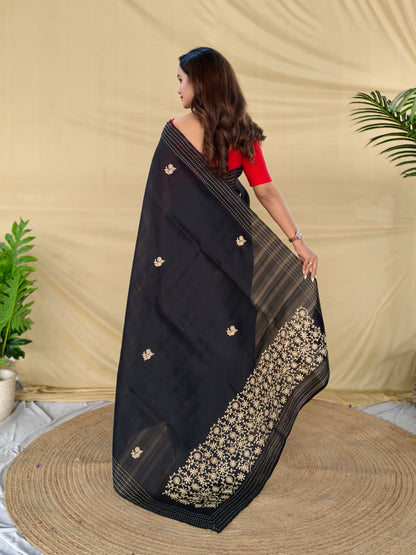 Enchanting Black Embroidery Work Matka Silk Saree With Lassitude Blouse Piece