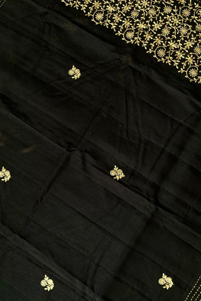 Enchanting Black Embroidery Work Matka Silk Saree With Lassitude Blouse Piece