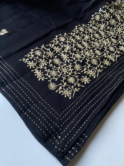 Enchanting Black Embroidery Work Matka Silk Saree With Lassitude Blouse Piece