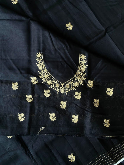 Enchanting Black Embroidery Work Matka Silk Saree With Lassitude Blouse Piece