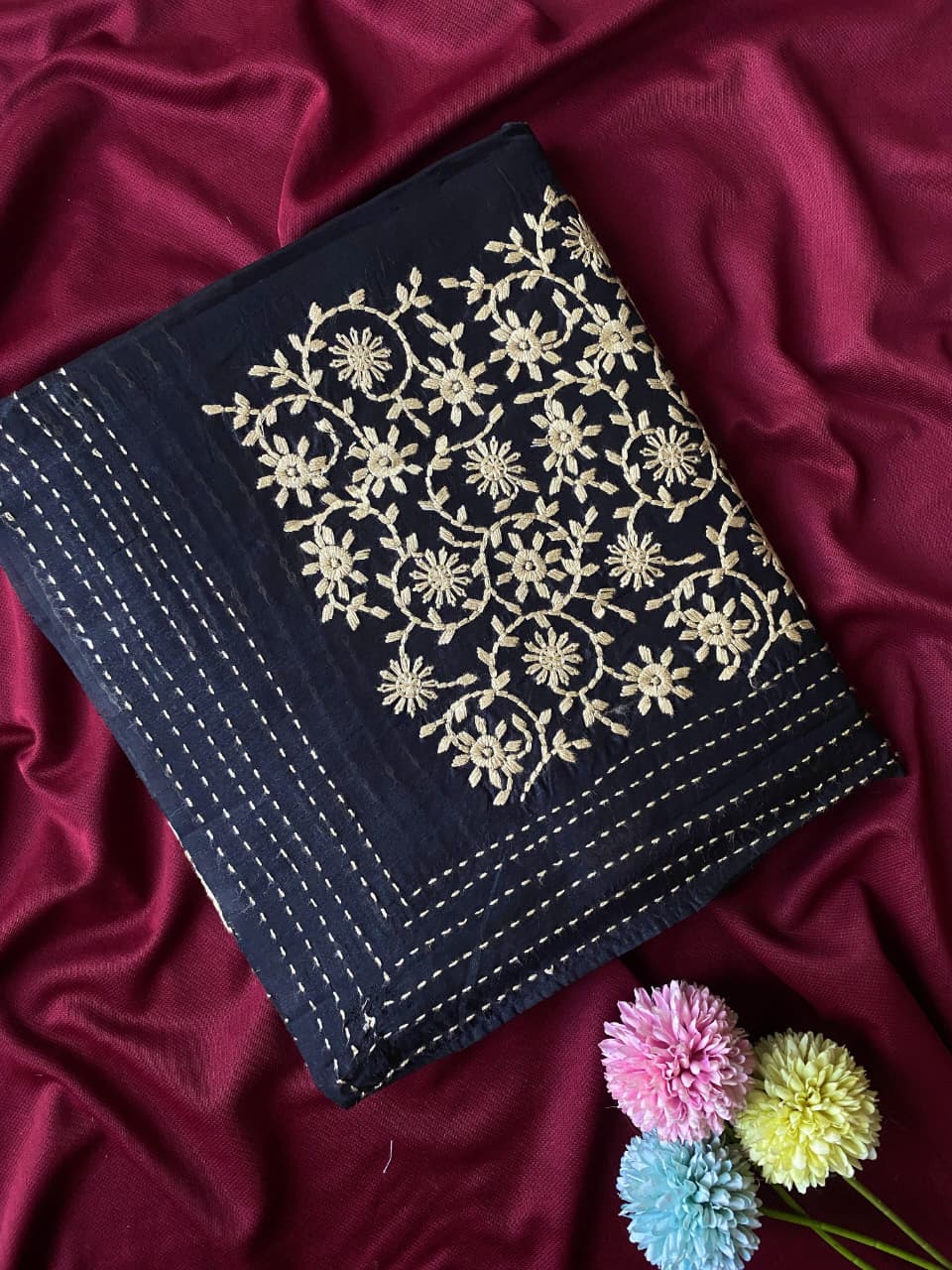 Enchanting Black Embroidery Work Matka Silk Saree With Lassitude Blouse Piece